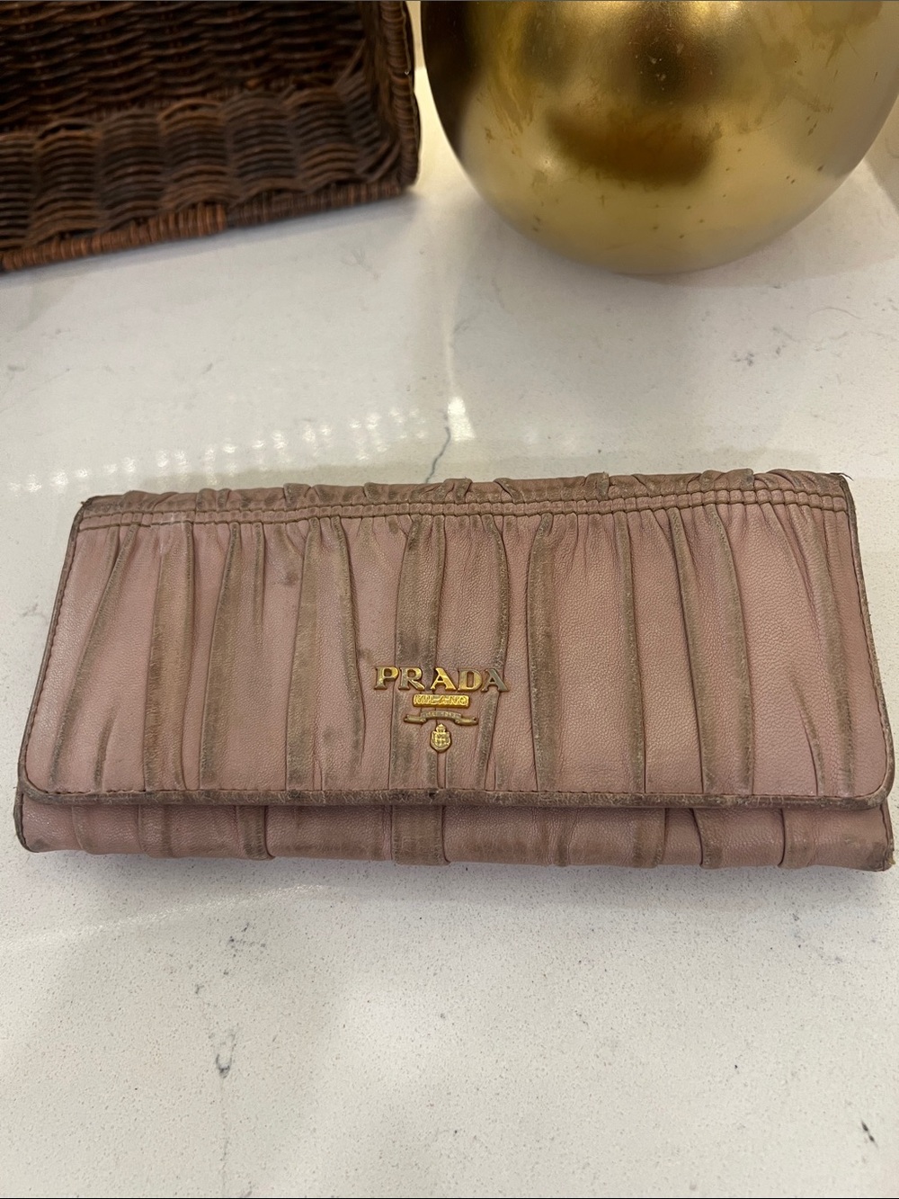 PRADA Blush Pink Ruched Leather Continental Wallet